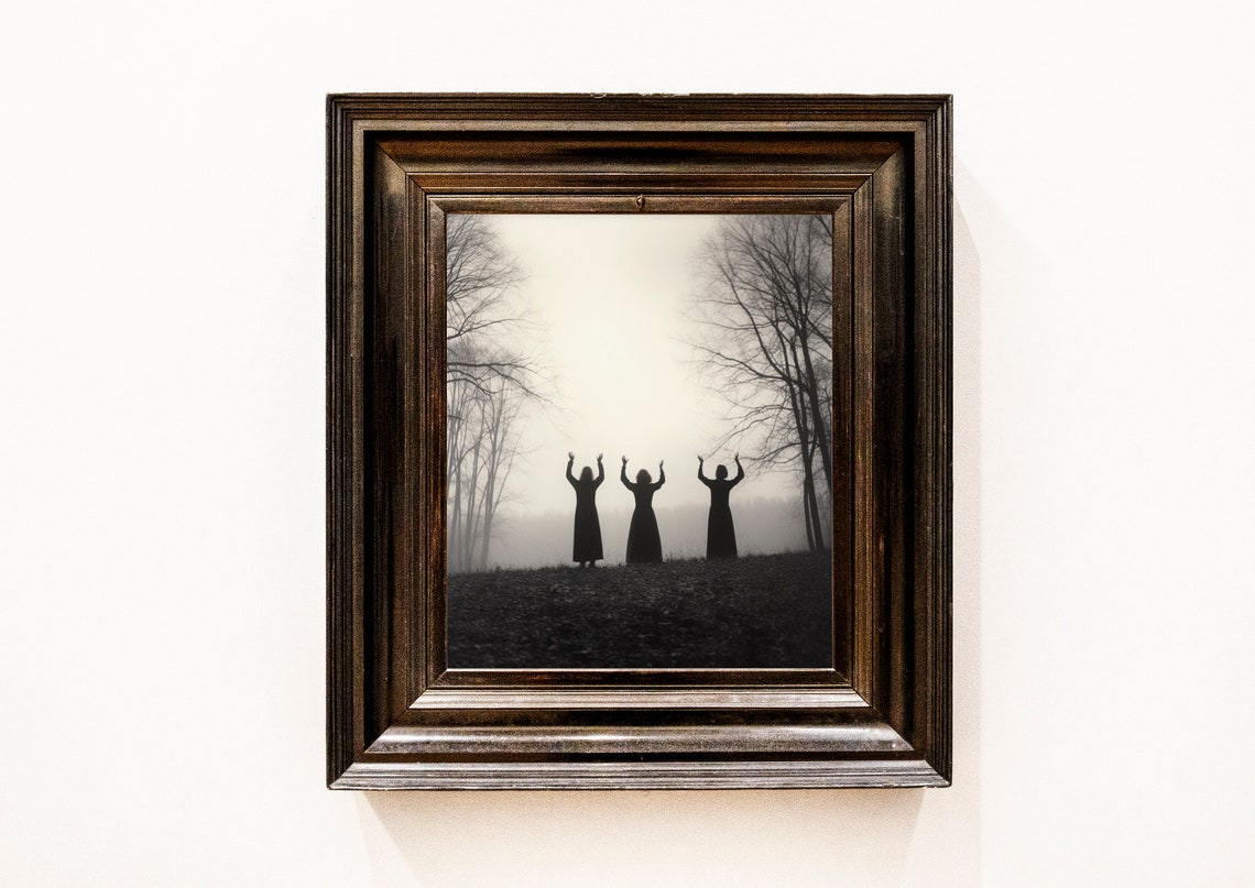 Three Witches Pagan Ritual Foggy Forest Silhouette Witchy Poster - Image 2