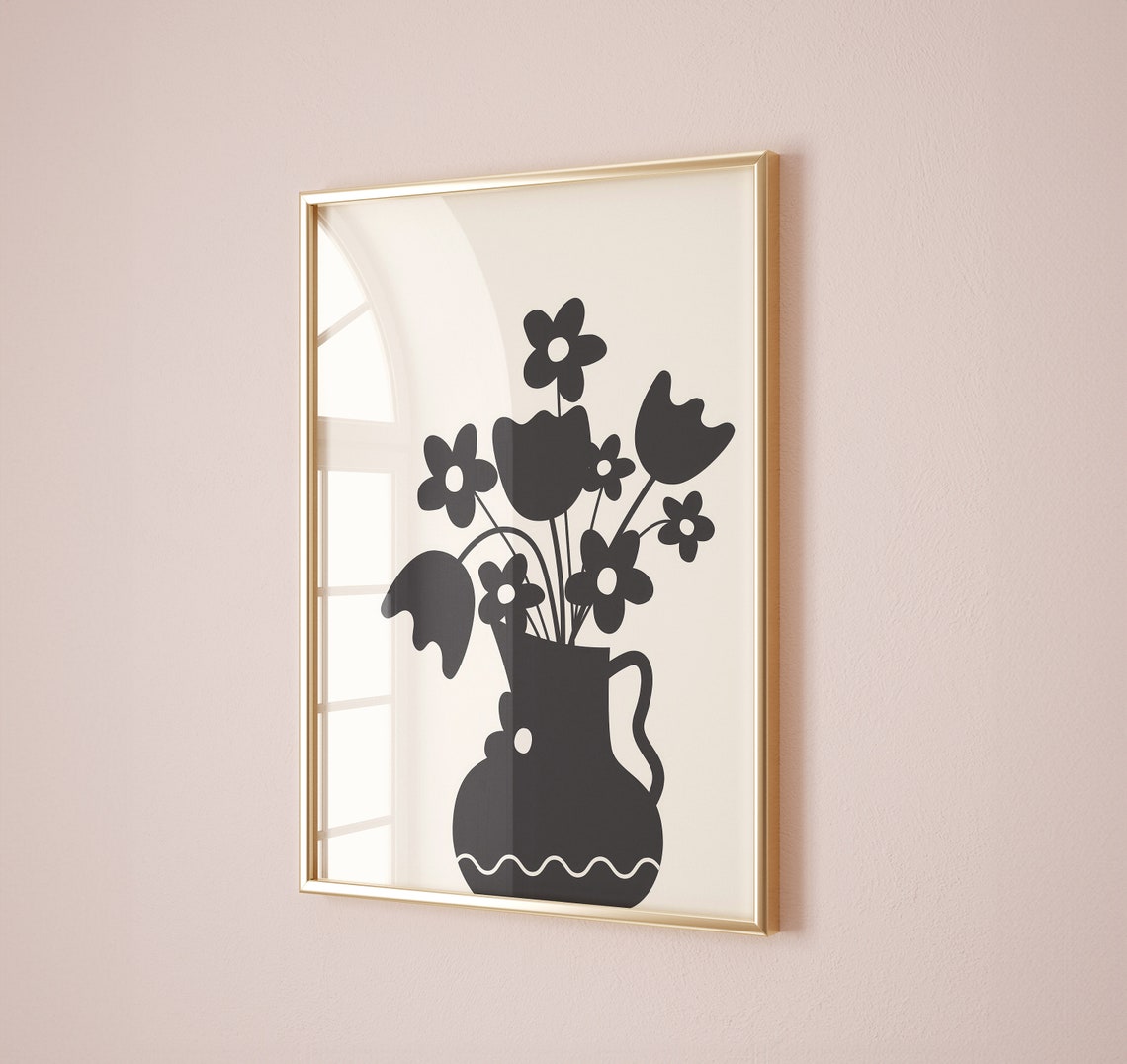 Bold Black Flower Vase Silhouette On Cream Modern Art Poster - Image 2