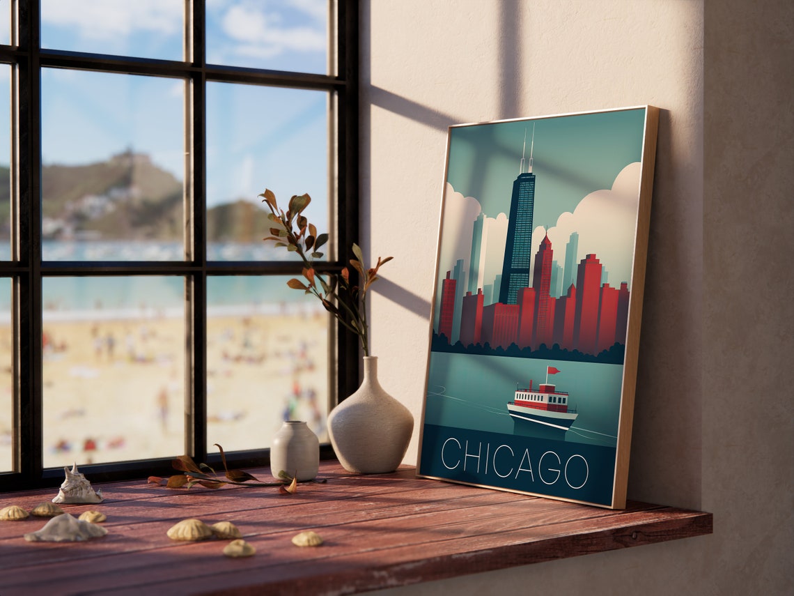 Chicago Illinois Retro Skyline Tower Lake Boat Travel Poster - Image 3
