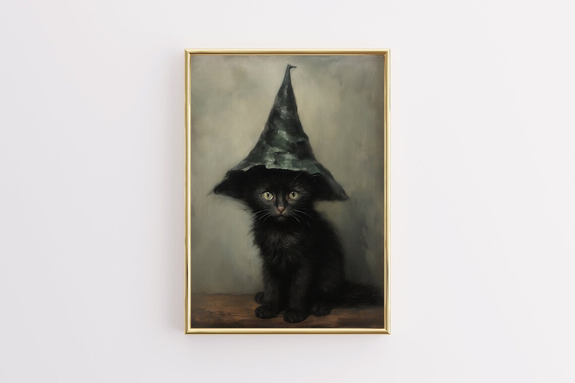 Spooky Black Kitten In Witch Hat Muted Vintage Halloween Poster - Image 4