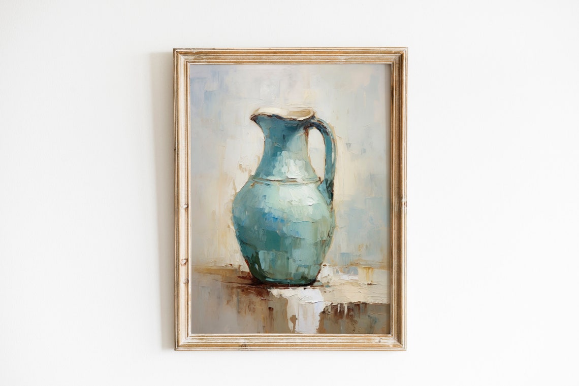 Turquoise Ceramic Pitcher Oil Painting Still Life Kitchen Wall Art - Image 2