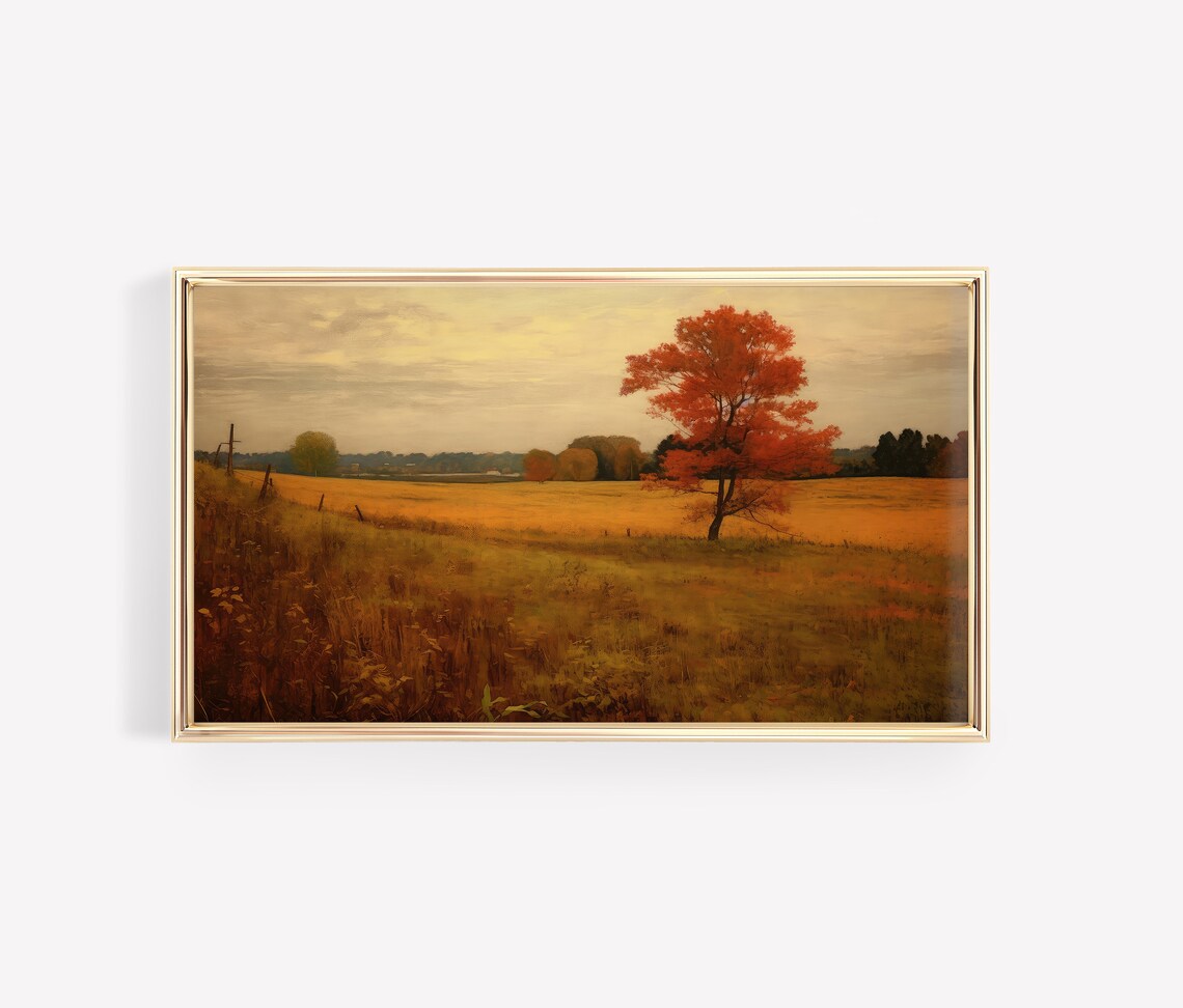 Red Tree Golden Autumn Field Oil Painting Landscape Wall Art - Image 3