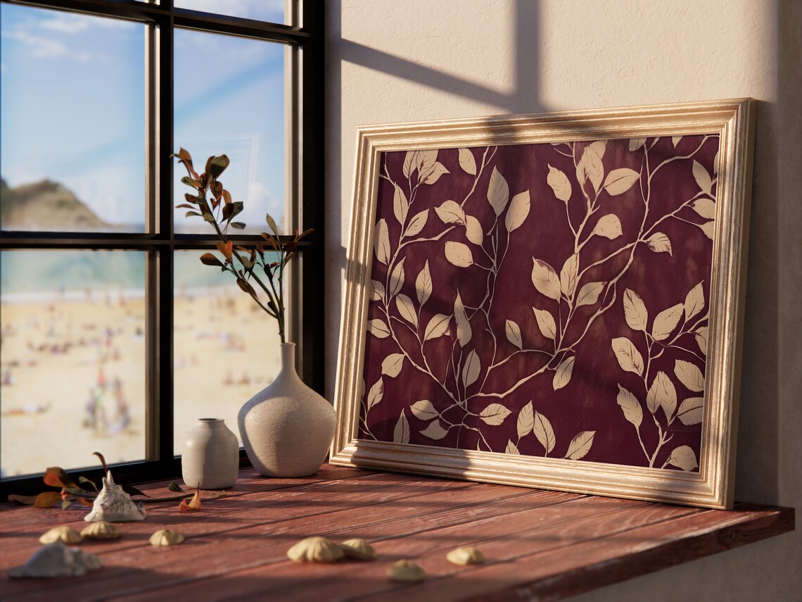 Burgundy Botanical Leaves Batik Style Moody Farmhouse Art Print - Image 4