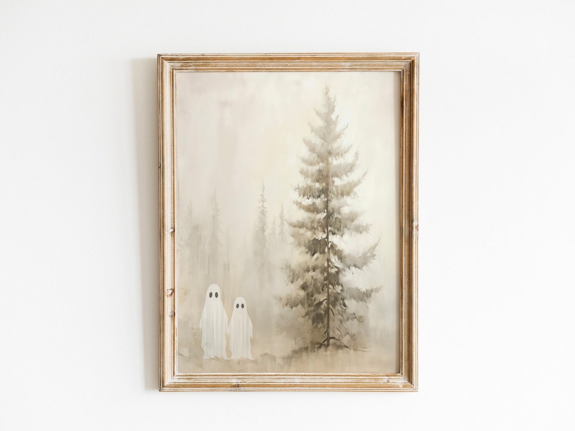 Two Cute Ghosts Beside Tall Pine Tree Misty Forest Halloween Wall Art - Image 2