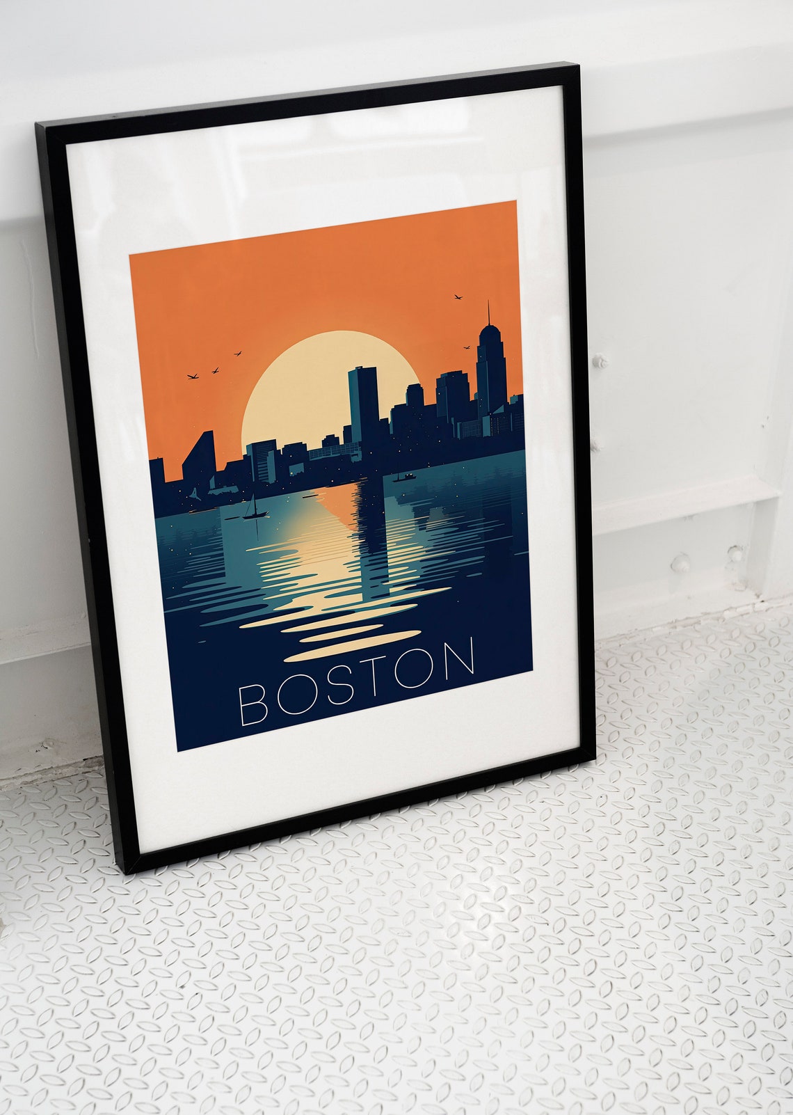 Boston Massachusetts Retro Sunset Skyline Harbor Travel Poster - Image 2