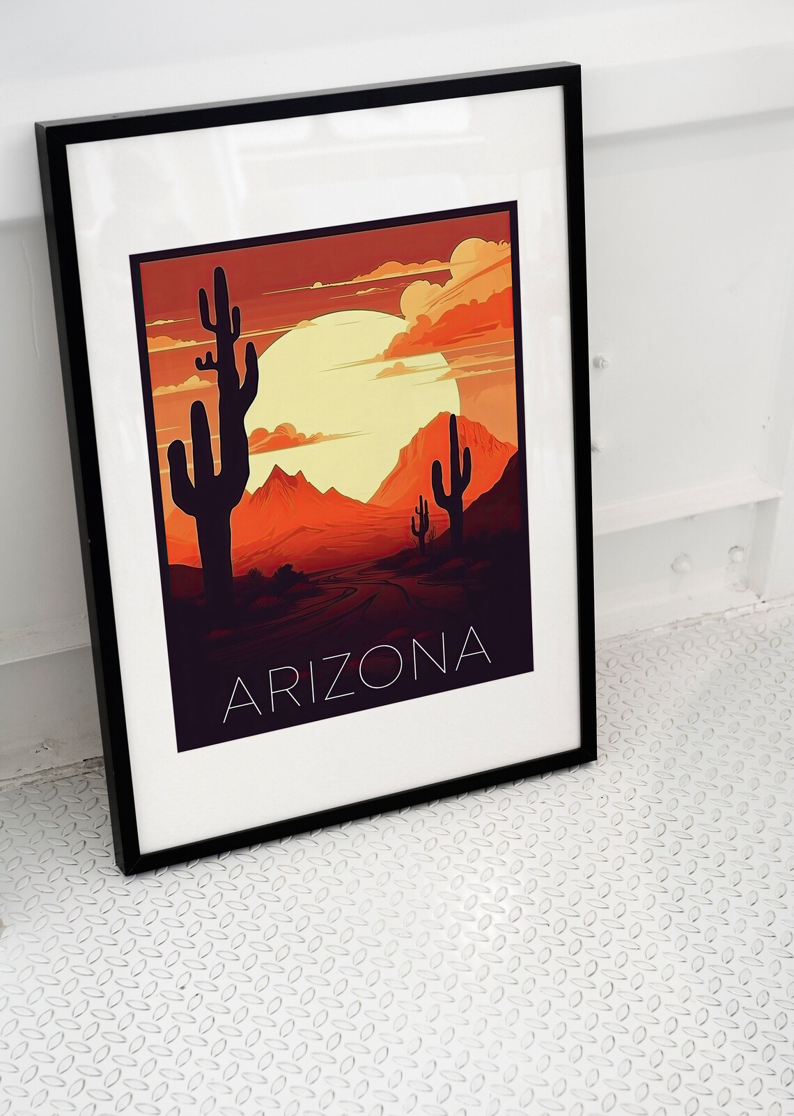Arizona Desert Retro Sunset Saguaro Cactus Road Travel Poster - Image 2
