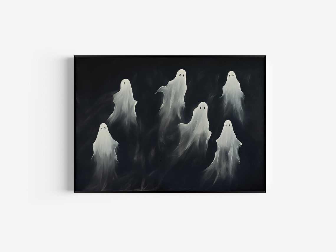 Six Cute Spooky Ghosts Black Background Halloween Art Poster