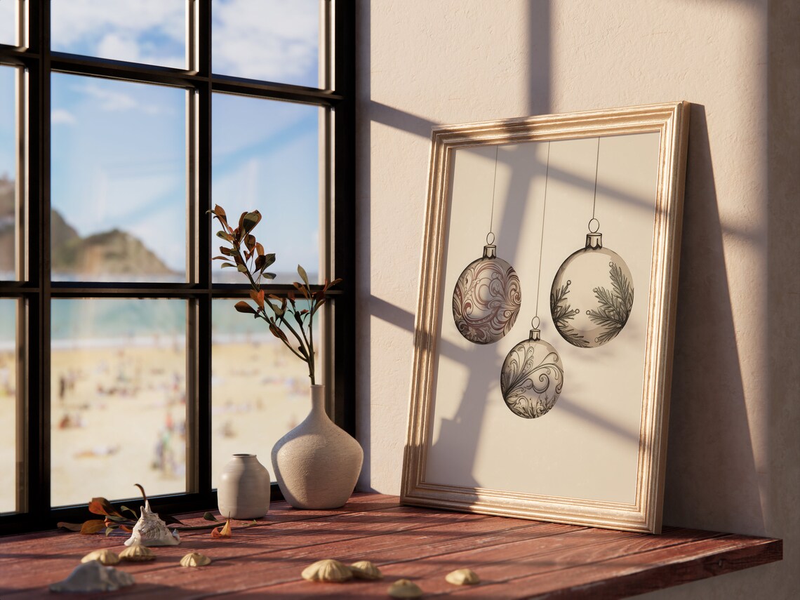 Three Hanging Vintage Christmas Ornaments Sepia Illustration Poster - Image 3