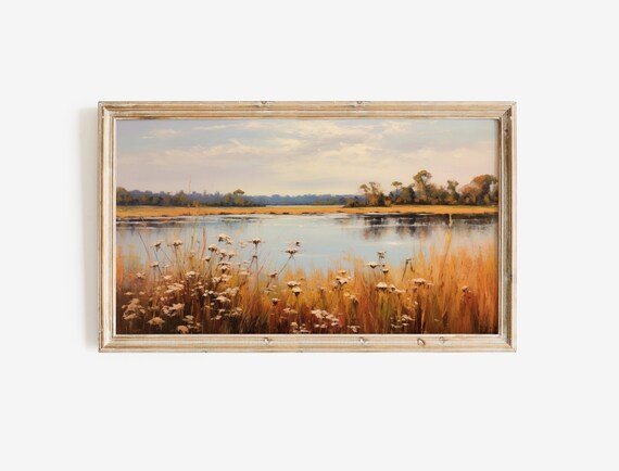 Serene Wildflower Lake in Golden Autumn Impressionist Poster