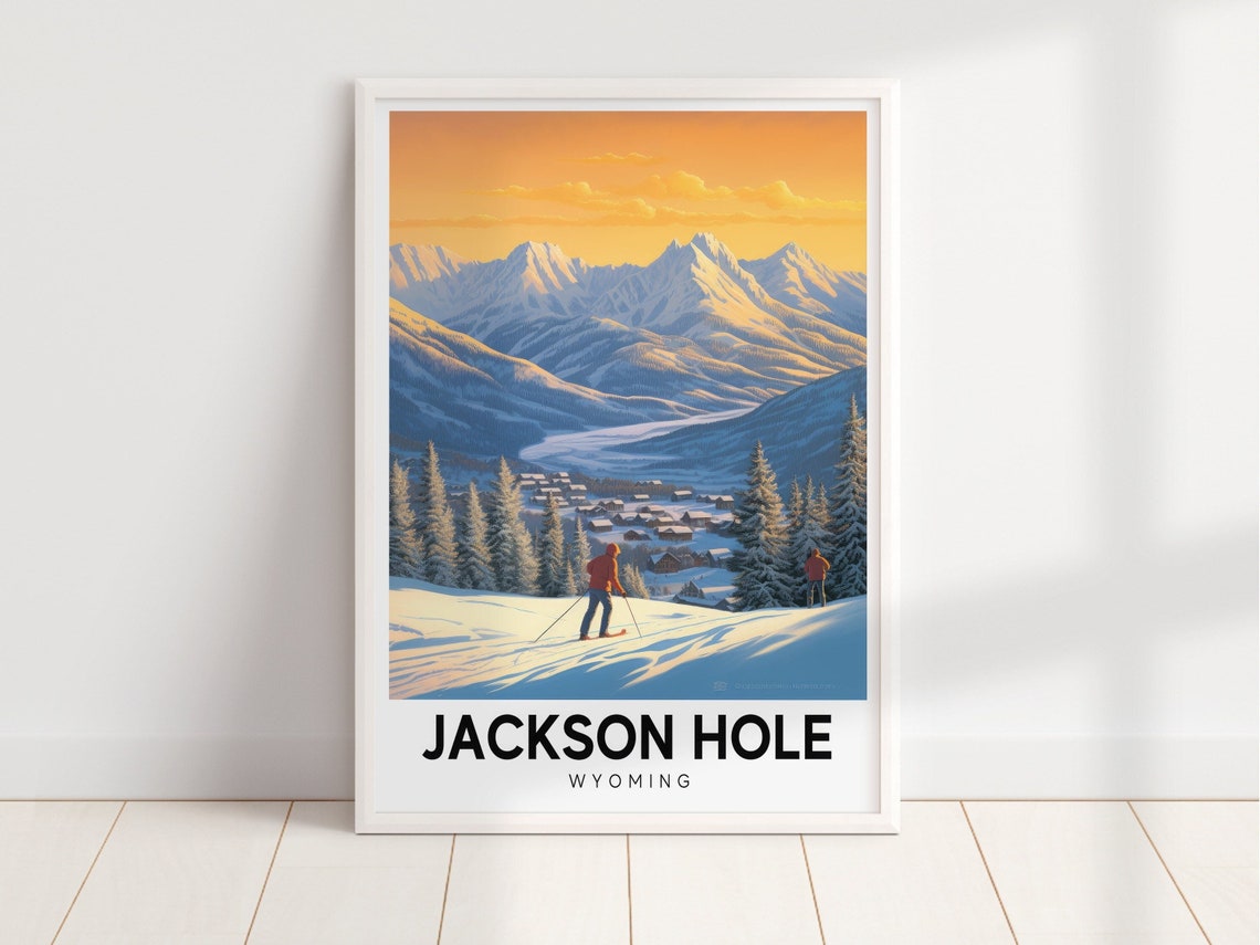 Jackson Hole Wyoming Vintage Sunset Ski Mountain Travel Poster