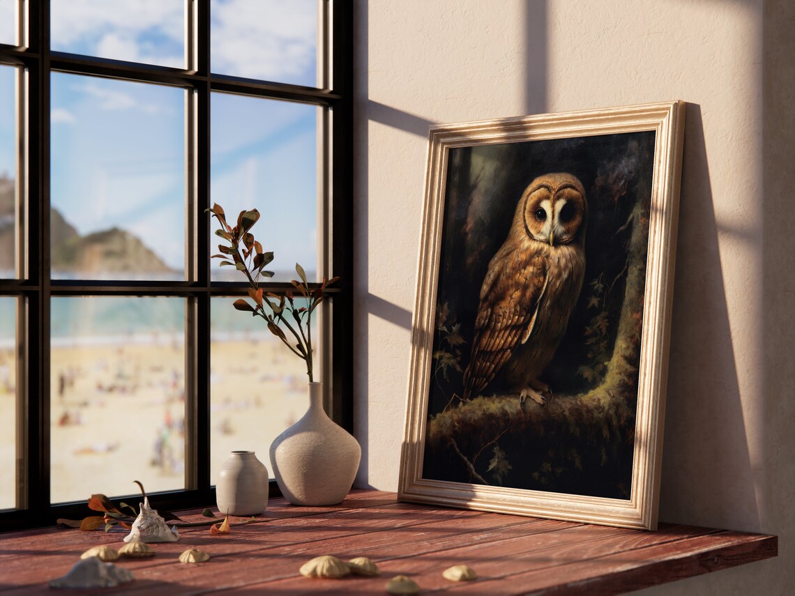 Tawny Owl on Mossy Branch Dark Vintage Wildlife Painting Poster - Image 4