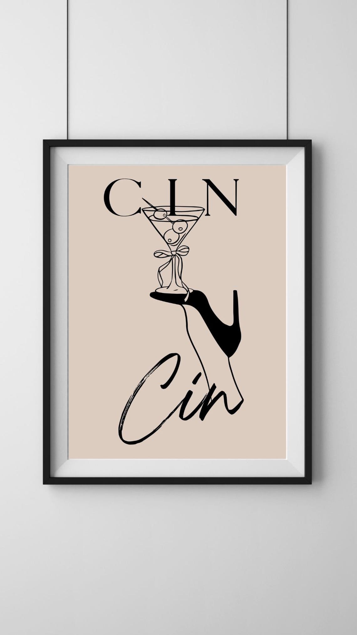 Cin Cin Martini Glass Stiletto Heel Beige Cocktail Bar Art Poster - Image 2