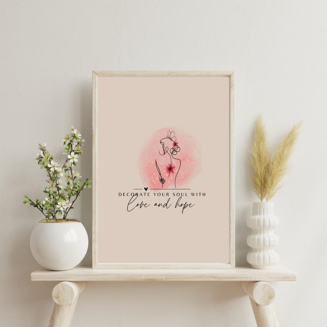 Decorate Your Soul With Love and Hope Beige Line Art Quote Poster - Image 2