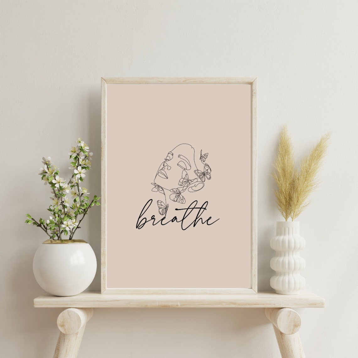 Breathe Abstract Female Face Lineart Art Beauty Decor Beige Aesthetic Neutral Colors Only - Image 2