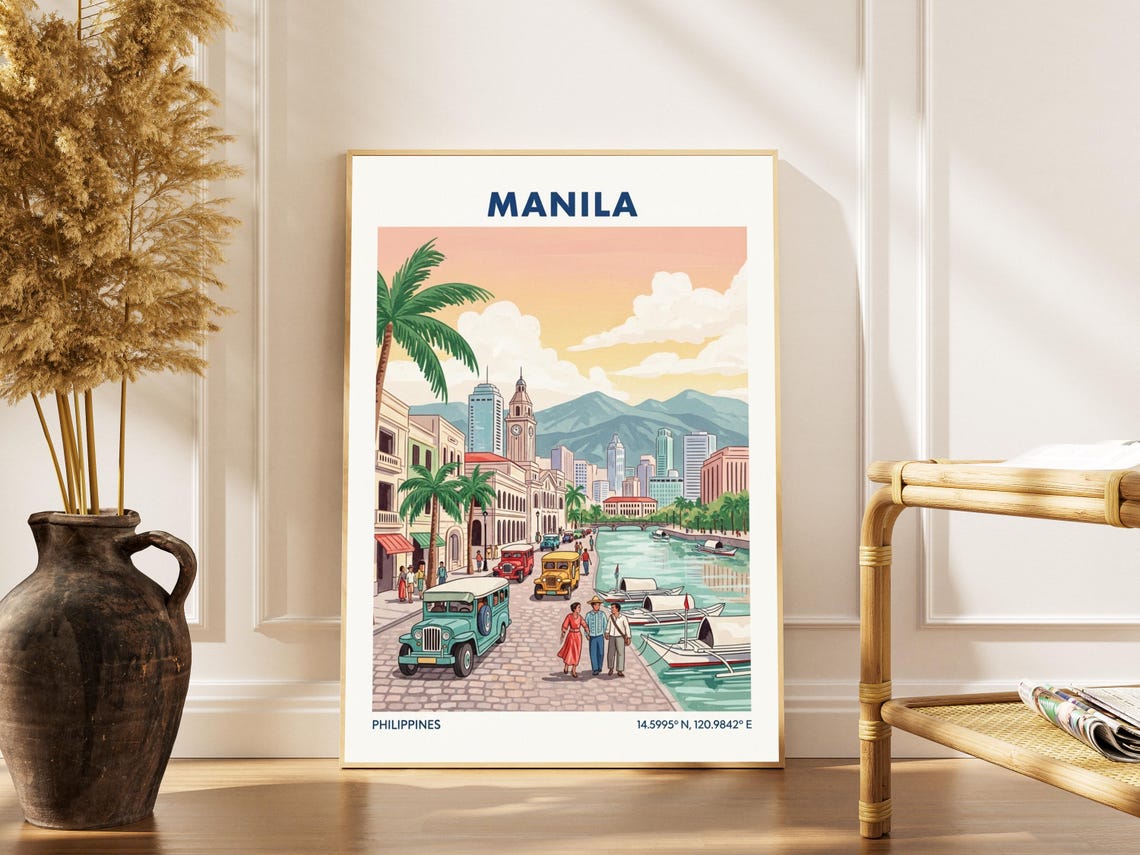 Manila Philippines Vintage City Street Jeepney And Clock Tower Poster