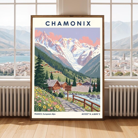 Chamonix France European Alps Snow Capped Vintage Travel Poster