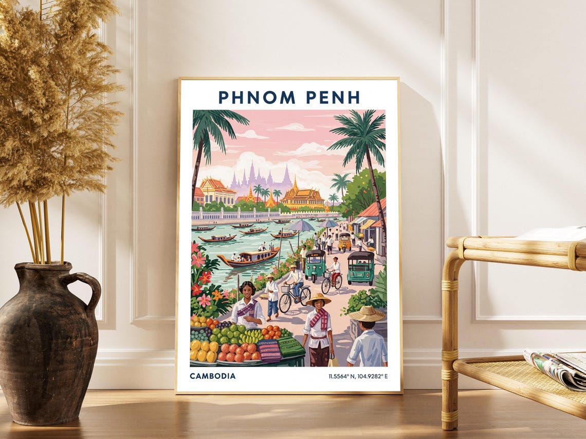 Phnom Penh Cambodia Vintage Riverside Market And Royal Palace Poster