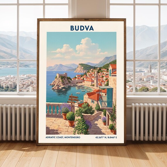 Budva Montenegro Adriatic Coast Terrace Old Town Travel Poster