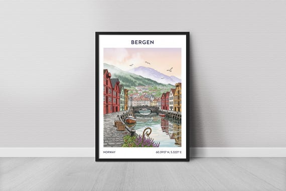 Bergen Art Print Minimalist Nordic Town Canal Scene In Red And Green