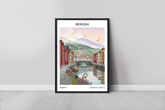 Bergen Norway Colorful Wharf Watercolor Bryggen Harbor Travel Poster