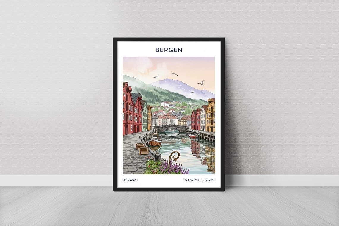 Bergen Norway Colorful Wharf Watercolor Bryggen Harbor Travel Poster