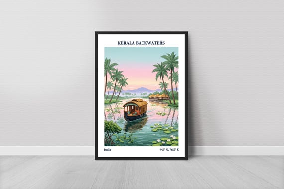Kerala Backwaters Art Print Vintage Travel Teal Water And Pink Sunset Mixed Techniques