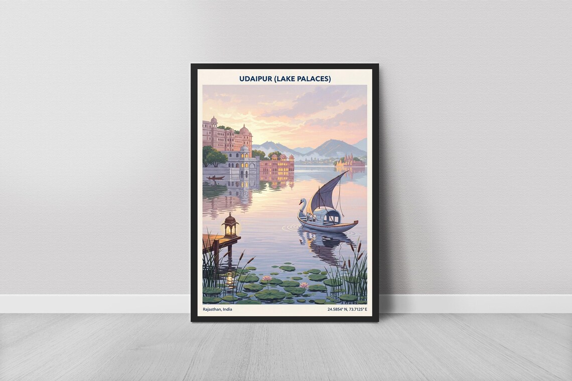 Udaipur Lake Palaces Vintage Travel Poster Pink Sunset India Art