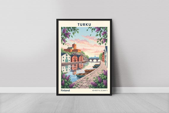 Turku Art Print Minimalist Finland Mixed Media Teal And Pink Clouds