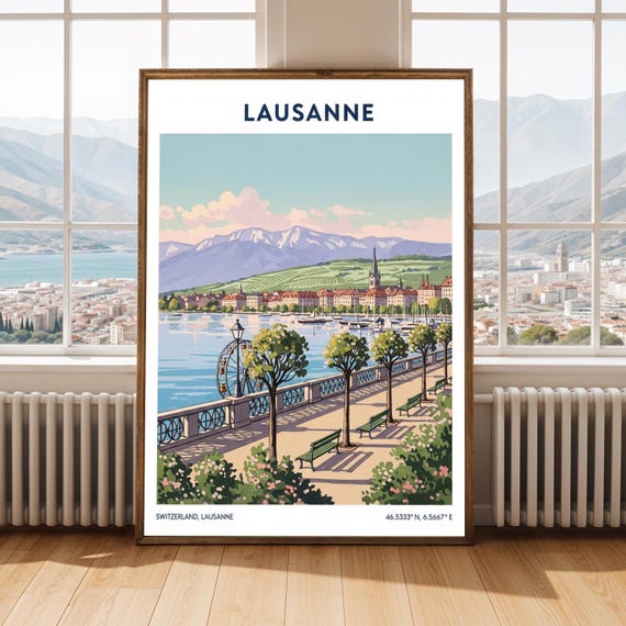 Lausanne Lakeside Print Vintage Swiss Travel Illustration