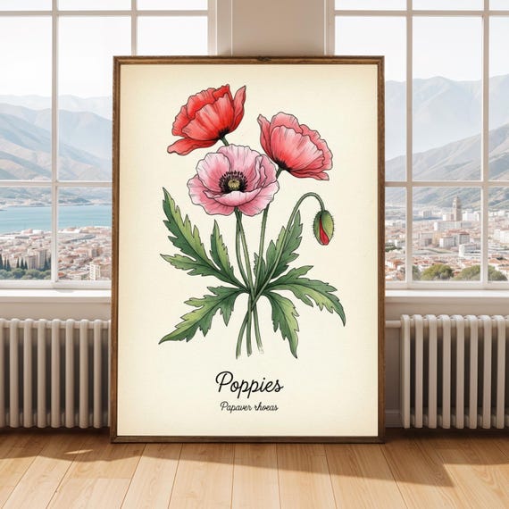 Vintage Poppies Print Red Pink Green Botanical Illustration