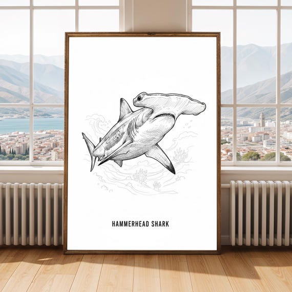 Hammerhead Poster Black And White Ink Illustration Fine Line Sketch Art Travel Journal Style For Lovers