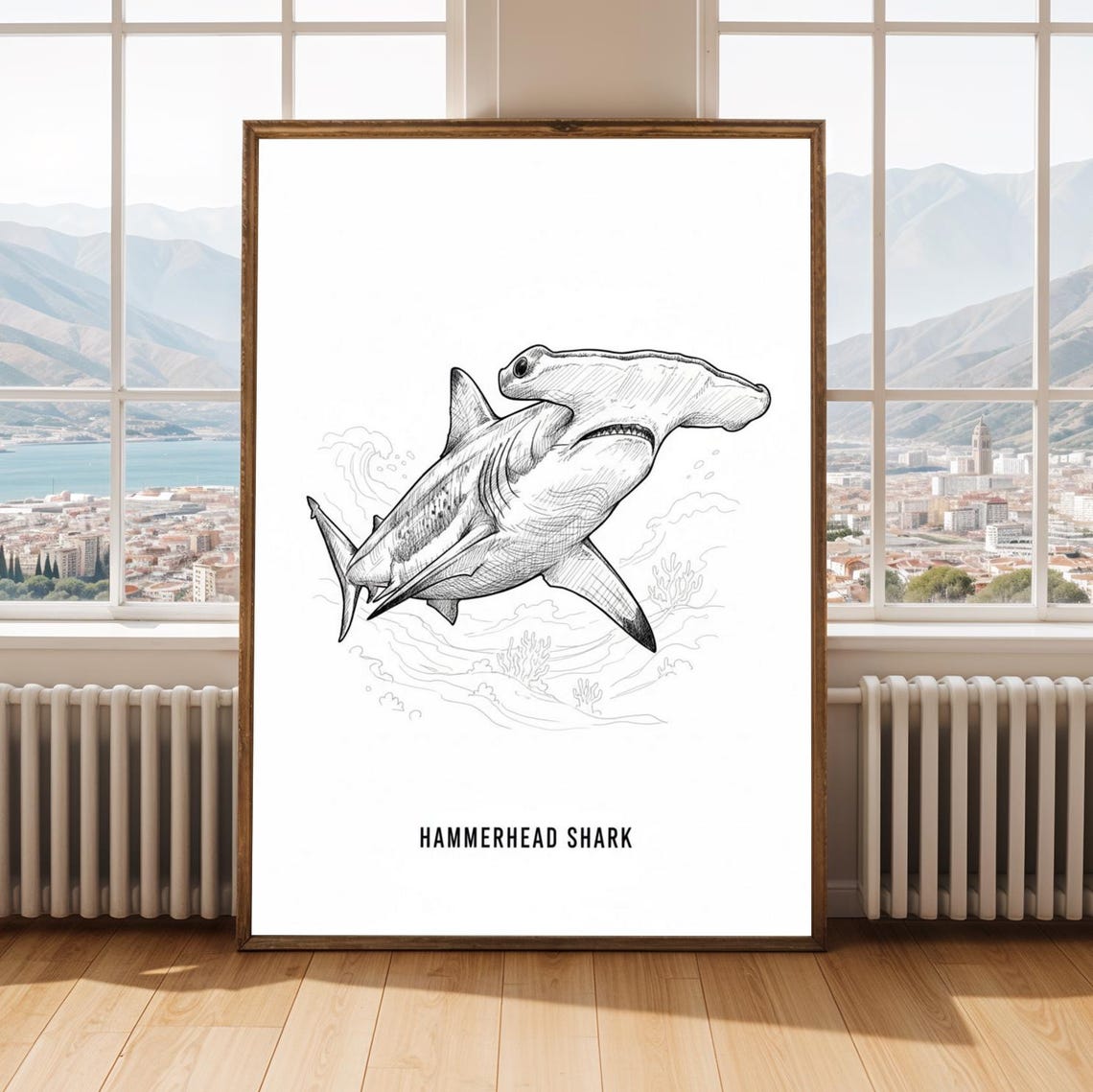 Hammerhead Shark Black and White Fine Line Illustration Poster