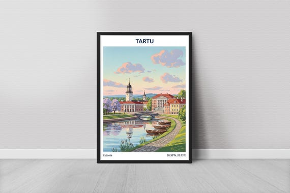 Tartu Art Print Minimalist Estonian Cityscape In Pastel Blue And Peach Tones