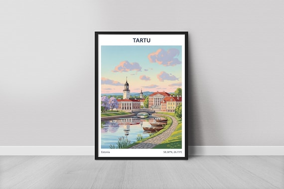 Tartu Estonia Vintage Travel Cityscape Riverside Bridge Art Poster