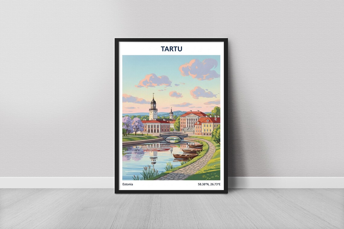 Tartu Estonia Vintage Travel Cityscape Riverside Bridge Art Poster