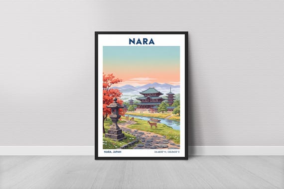 Nara Temples Landscape Poster Japanese Travel Art Print