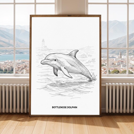 Bottlenose Dolphin Fine Line Ink Drawing Ocean Poster Lighthouse Art