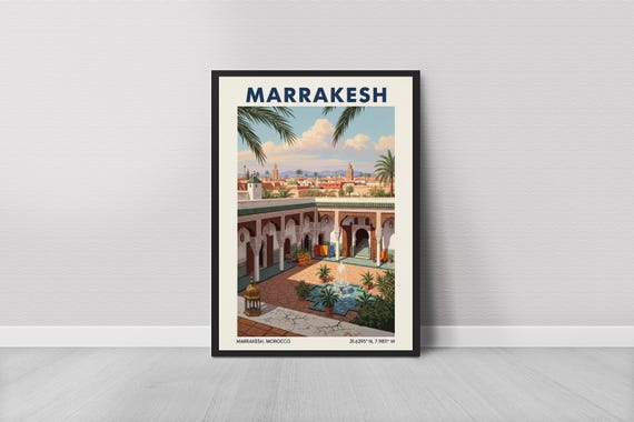 Moroccan Courtyard Travel Poster Arches Fountain Art Print