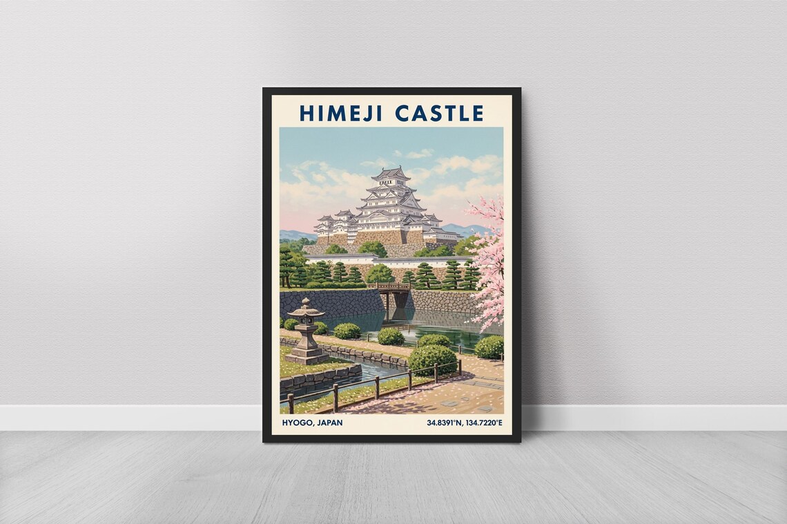 Himeji Castle Hyogo Japan Travel Poster With Cherry Blossom Moat