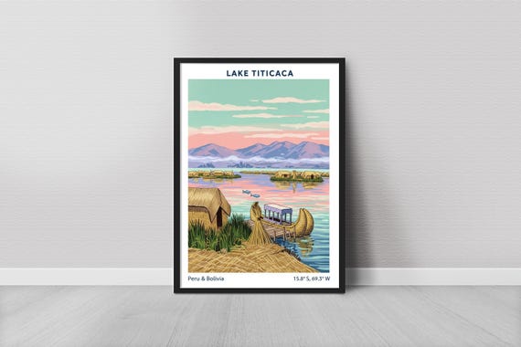 Lake Titicaca Art Print Minimalist Pink Sky And Teal Water