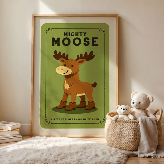 Mighty Moose Woodland Nursery Wall Art Rustic Animal Print Cozy Kids Room Decor Cabin Gift