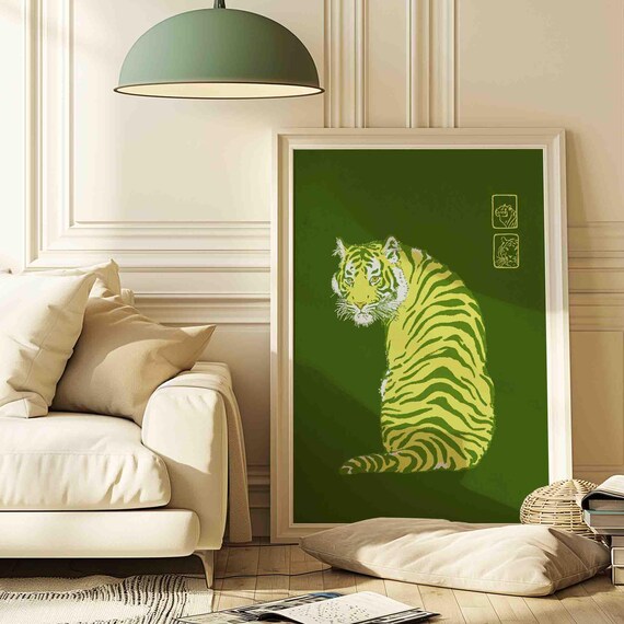 Emerald Green Tiger Japanese Minimalist Japandi Style Cat Poster