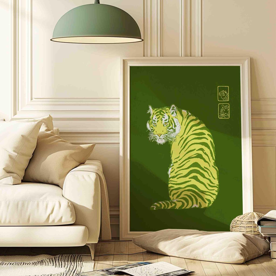 Emerald Green Tiger Japanese Minimalist Japandi Style Cat Poster