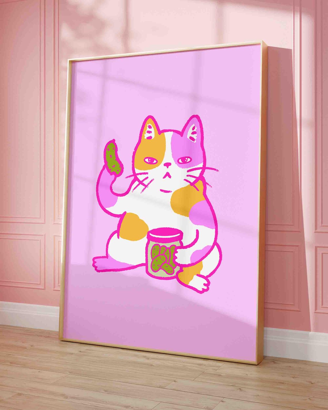 Pink Cat Holding Pickle Jar Funny Cartoon Kawaii Animal Poster