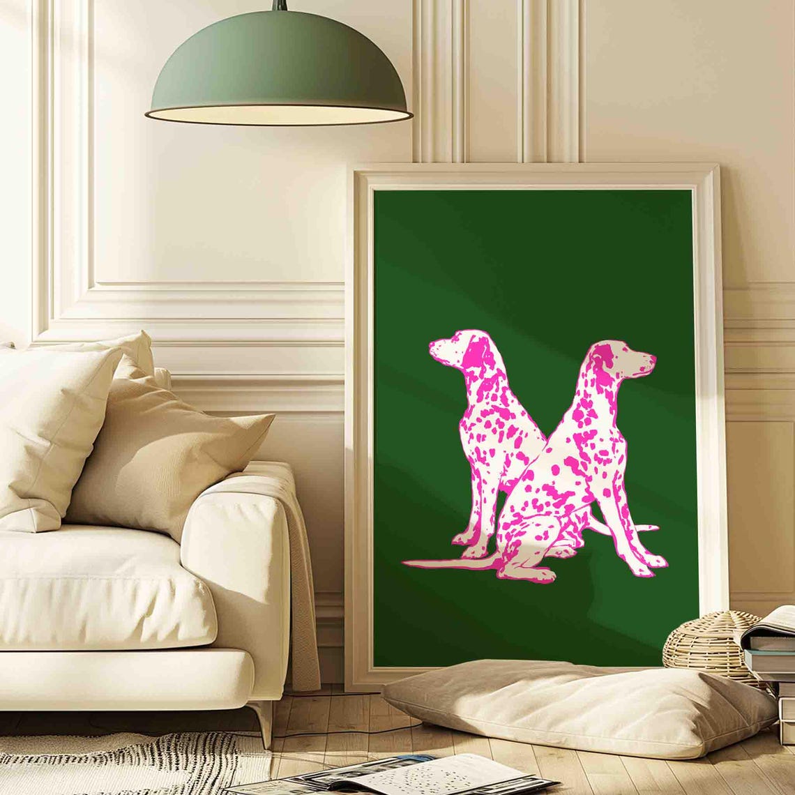 Pink Dalmatians Duo Sitting on Deep Green Minimalist Dog Poster