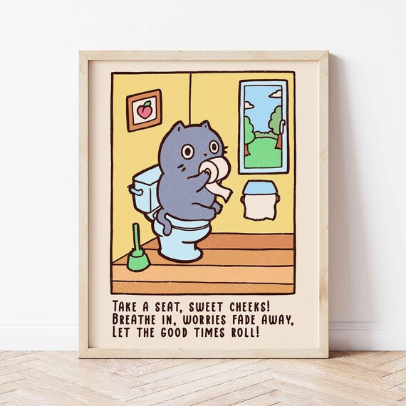 Funny Grey Cat On The Toilet Quote Poster In Rustic Wood Frame