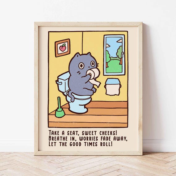 Grey Cat On The Toilet Poster Minimalism Retro Japandi Print Lovers Gift Japanese Style Funny Kitten Restroom Wall Art
