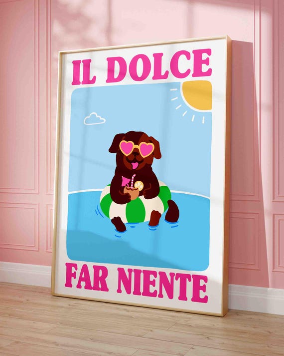 Dog Il Dolce Far Niente Print Funny On The Beach Poster Funky Wall Art Cute Puppy Coastal Gallery Summer