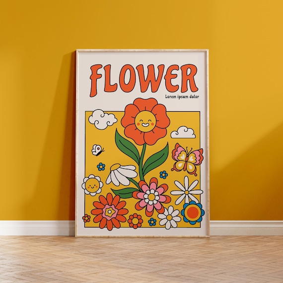 Retro Groovy Flower Print Vintage Wall Art 70s Style Poster Trendy Illustration Funky Hippie Decor 2230