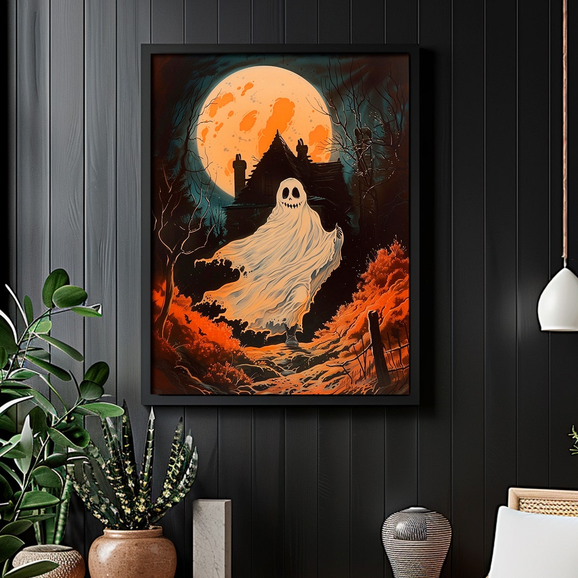 Halloween Ghost Haunted House Giant Moon Spooky Orange Night Poster - Image 2